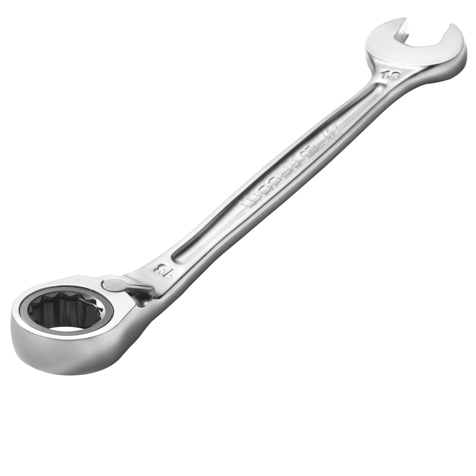 Facom 467B9 combination ratcheting wrench, chrome finish, oblique front view on white background.